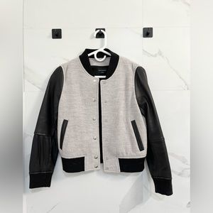 Club Monaco Gray And Black Wool And Leather Varsity Bomber Jacket